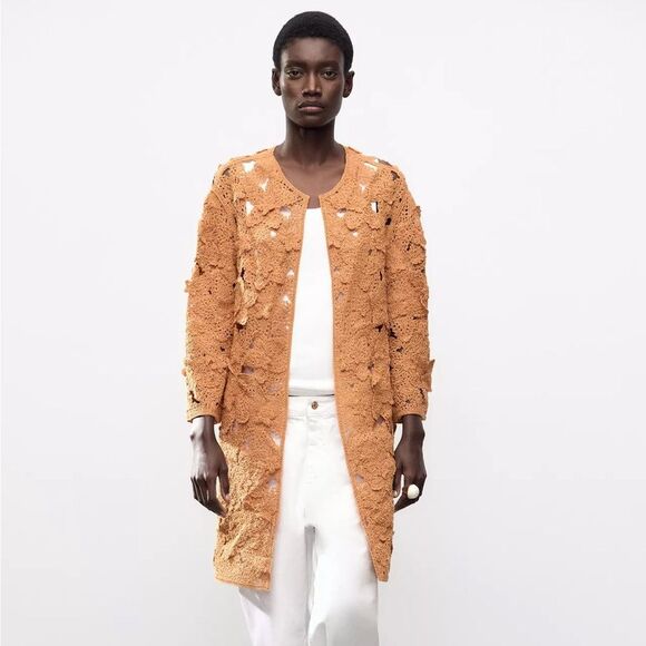 Zara Macramé Open Knit Boho Cardigan Coat Small - Picture 10 of 12